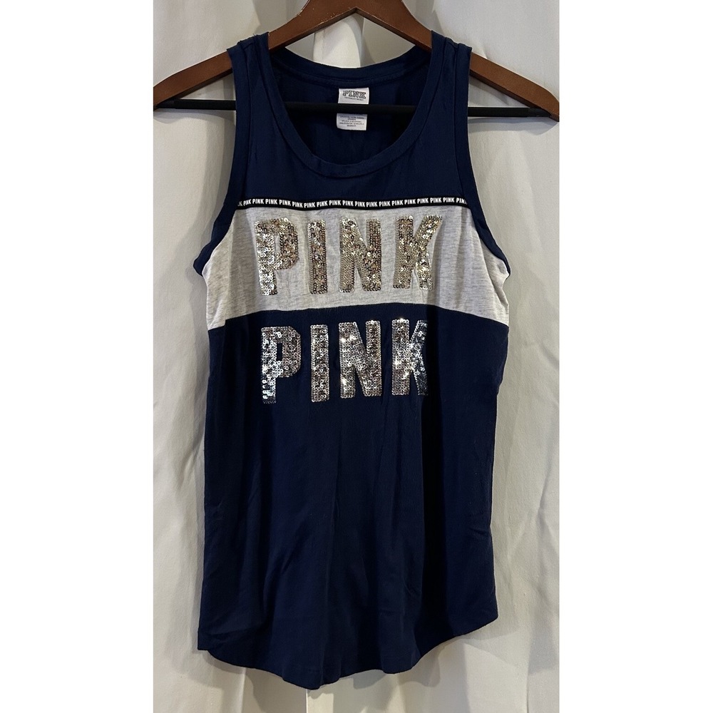 Victorias Secret PINK Tank Top Women XS Navy Sequin Spell Out Logo